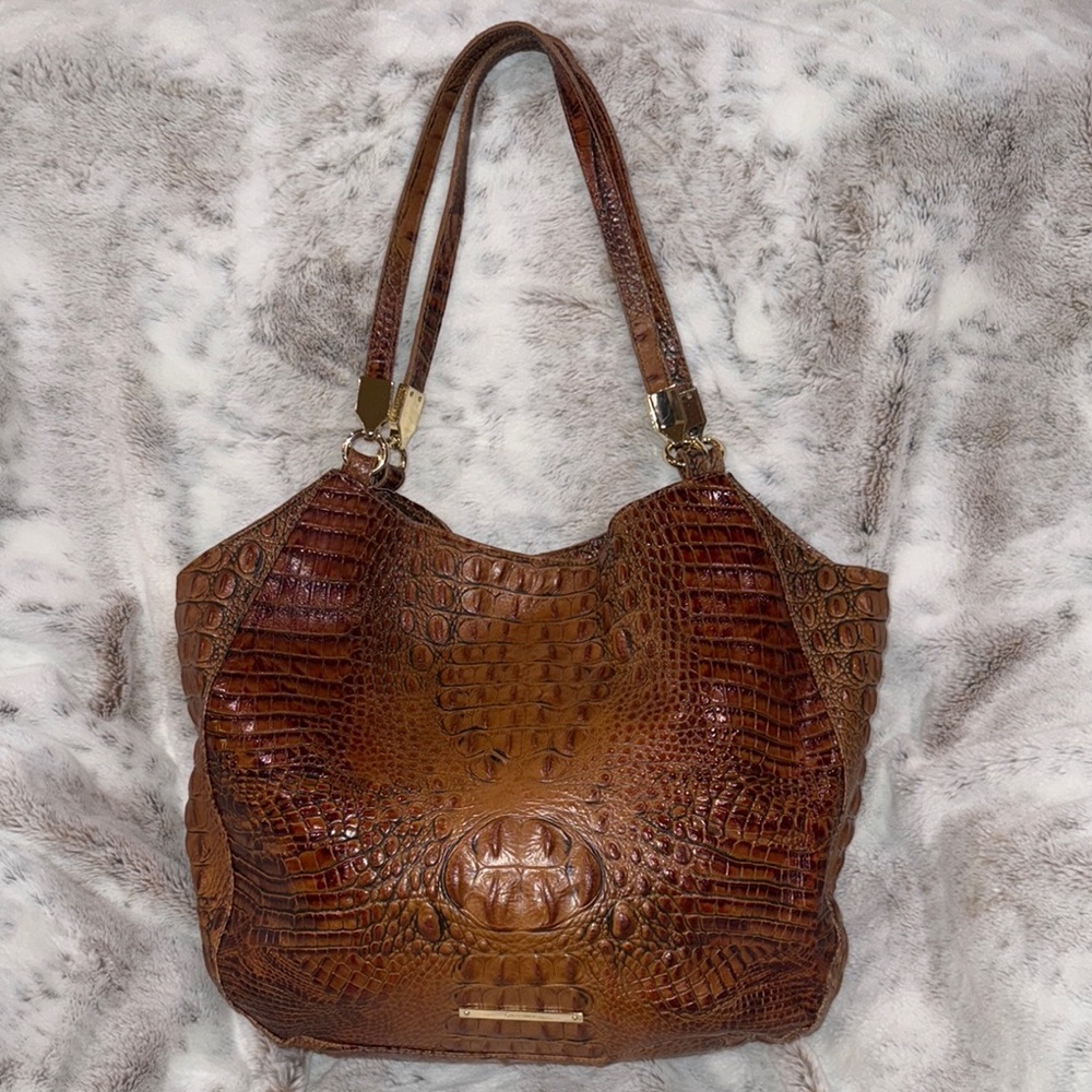 Brown Leather Crocodile Embossed Shoulder Bag